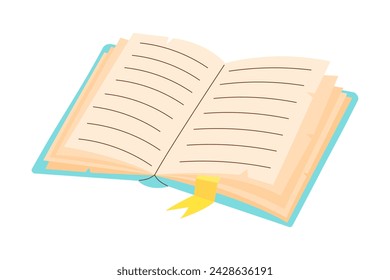 Open old book with bookmark and empty lined paper sheets. Vector illustration isolated on white background.