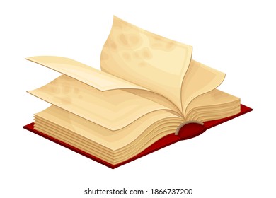 Open Old Book in Hard Cover with Stained Yellowish Pages Vector Illustration