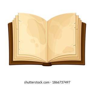 Open Old Book in Hard Cover with Stained Yellowish Pages Vector Illustration