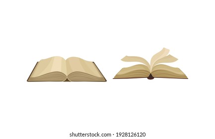 Open Old Book in Hard Cover with Paper Pages Vector Set