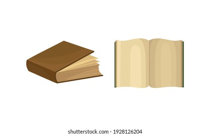 Open Old Book in Hard Cover with Paper Pages Vector Set