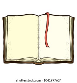 Open old book isolated on white background. Top. Hand drawn illustration equipment for education. Art College supplies