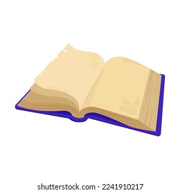 Open old book and paper vector illustration. Hard cover book isolated on white background. Literature concept