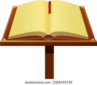 Open old book with parchment pages and a red bookmark on a wooden desk (cut out)