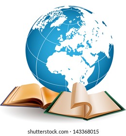 Open old books with earth isolated on white background