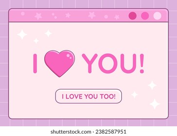 Open old computer dialog window with I Love You short phrase, retro technology illustration, Valentine's Day romantic card in Y2K aesthetics. Vector illustration.