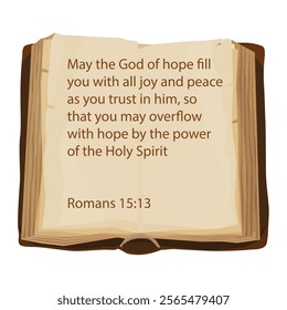 Open old Holy Bible book with quote from Romans 15:13 isolated on white background. Vector