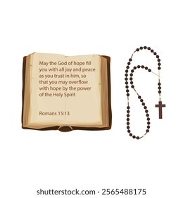 Open old Holy Bible book with quote from Romans 15:13 and prayer rosary beads isolated on white background. Vector