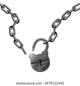 An open old large padlock with an iron chain isolated on white. Vector conceptual illustration in vintage black and white engraving style