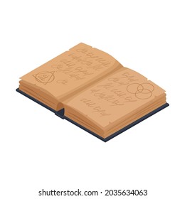 Open old magic alchemy book isometric icon 3d vector illustration