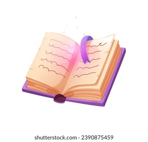 Open old magic book, fantasy, fairy tale. Wizard and witchcraft knowledge on ancient papers. Mystery literature. Sacred secret manuscript. Flat cartoon vector illustration isolated on white background