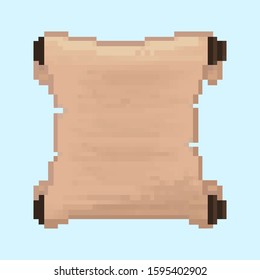 Open old paper scroll 
with torn edges pixel icon. Isolated vector sign on blue background with text space. 
Decorative element pixel art.