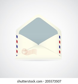 Open old postage airmail envelope with rubber stamp, vector illustration