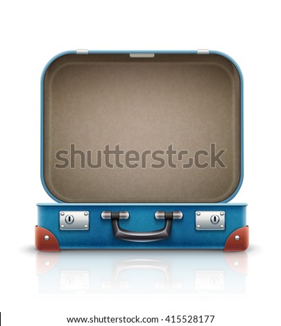 Open old retro vintage suitcase for travel. Vector illustration, Isolated on white background. Open case for luggage. Empty bag, box for travel and vacations trip.