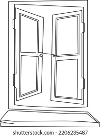 Open old ruine window with two sashes. Continuous line drawing. Vector illustration.