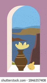 Open old window with landscape absctract view and stillife, vase, friut. Mountains sea and ocean. Minimal modern boho trendy style. Vector illustration flat isolated
