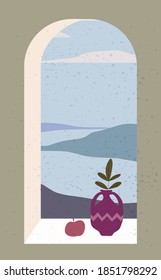 Open old window with landscape absctract view and stillife, vase, friut. Mountains sea and ocean. Minimal modern boho trendy style. Vector illustration flat isolated