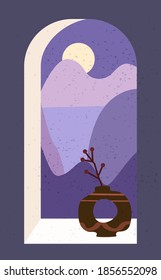 Open old window with landscape absctract view and stillife, vase, friut. Mountains sea and ocean. Minimal modern boho trendy style. Vector illustration flat isolated