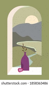 Open old window with landscape absctract view and stillife, vase, friut. Mountains sea and ocean. Minimal modern boho trendy style. Vector illustration flat isolated