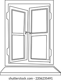 Open old window with two sashes. Continuous line drawing. Vector illustration.