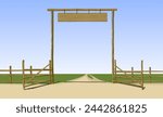 Open the old wooden gate of the farm of the American Wild West with a hanging sign and a fence against the background of the sunlit summer landscape. Vector 
illustration