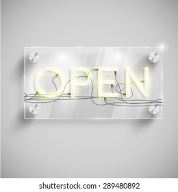 'Open' on a glass table, vector