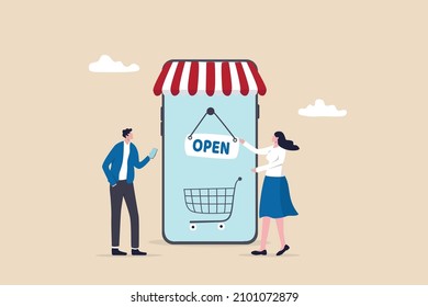 Open online shop or store website for e-commerce to sell product concept, businesswoman flip the open sign on mobile website online store with customer waiting to buy retail products.