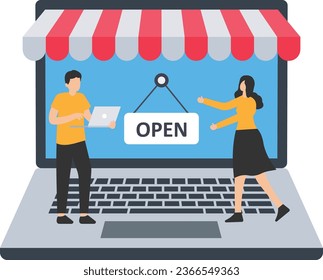 Open online shop or store website for e-commerce to sell product, Co-workers flip the open sign on mobile website, Online store with customer, Waiting to buy retail products

