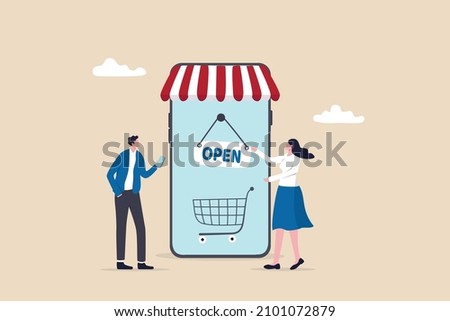 Open online shop or store website for e-commerce to sell product concept, businesswoman flip the open sign on mobile website online store with customer waiting to buy retail products.