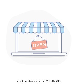 Open Online Shop, storefront on laptop display. Online shopping, E-commerce business, consumerism concept. Flat outline vector illustration in clean design style on white background.