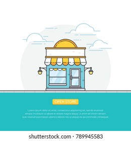 Open online store, store front building vector concept. Storefront illustration in flat style. Online shop, store banner design. Vector illustration