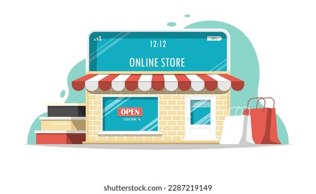 Open online store with products on isolated background, Digital marketing illustration.