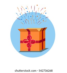 Open orange gift box with ribbon and confetti flying. Vector illustration. Gift box open and with a red bow and ribbon vector illustration. Fireworks sparkling and colorful confetti.