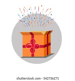 Open orange gift box with ribbon and confetti flying. Vector illustration. Gift box open and with a red bow and ribbon vector illustration. Fireworks sparkling and colorful confetti.