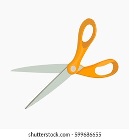 Open orange scissors isolated on white background. Vector illustration. Sewing tool. Stationery scissors.
