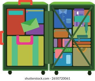 Mala aberta e organizada - Ilustração de vetor de viagem