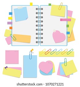 An open organizer with clean sheets on a spiral and with bookmarks. A set of stickers and paper for notes. Colorful flat vector illustration isolated on white background. With space for text or image
