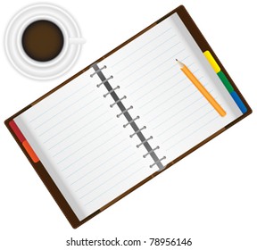 Open Organizer / Notebook With Pencil and Espresso Coffee