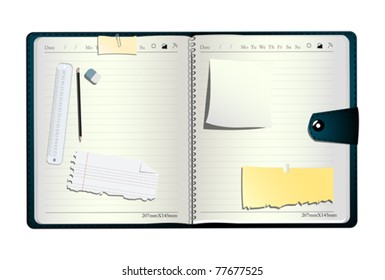 Open organizer, with pen, eraser measuring line and sticky notes