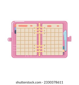 Open organizer with pen. Pink cute childish notebook diary. Flat vector illustration