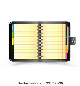 The open organizer with pen and top view shadow on the white background