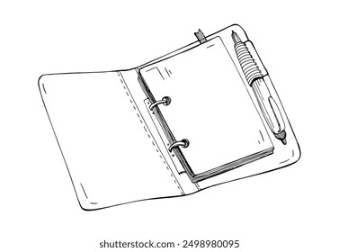 Organizador abierto, planificador, cuaderno de oficina con encuadernación en espiral. Bloc de notas de negocios, página de papel en blanco y pluma. Diario de trabajo, dibujo de cuaderno. Ilustración vectorial dibujada a mano aislada sobre fondo blanco