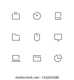 Open outline icon set - briefcase, clock, mobile phone, folder, computer mouse, display, laptop, calendar and diagram symbol. Office work and business vector signs.