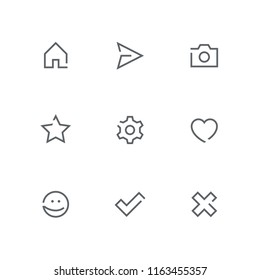 Open outline icon set - home, paper airplane, photo camera, star, gear wheel, heart, smile face, check mark and cross symbol. Internet, website and social network vector signs.