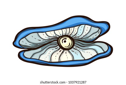 Open oyster with pearl isolated on white background. Mussel mollusk with blue conch. Jewel nacre in shell. Vector illustration in colored sketch style. Hand drawn