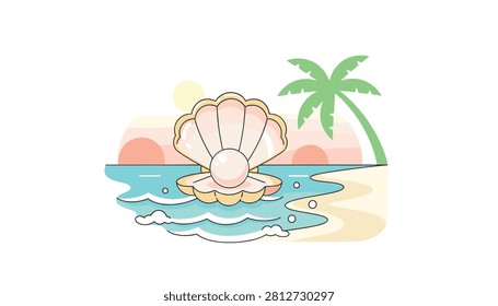 Open oyster shell cradling a white pearl on a tropical beach shore with palm tree at golden hour.