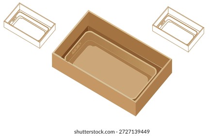 Abra a caixa de embalagem para o telefone . Modelo vazio de contêiner de cartão. Ilustração de vista superior 3d com sombra transportada isolada em branco. Espaço em branco dentro do modelo de pacote. Objeto de vetor realista de close-up