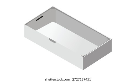 Abra a caixa de embalagem para o telefone . Modelo vazio de contêiner de cartão. Ilustração de vista superior 3d com sombra transportada isolada em branco. Espaço em branco dentro do modelo de pacote. Objeto de vetor realista de close-up
