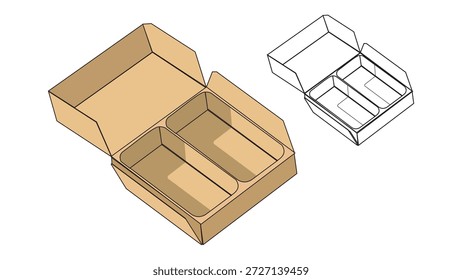 Abra a caixa de embalagem para o telefone . Modelo vazio de contêiner de cartão. Ilustração de vista superior 3d com sombra transportada isolada em branco. Espaço em branco dentro do modelo de pacote. Objeto de vetor realista de close-up