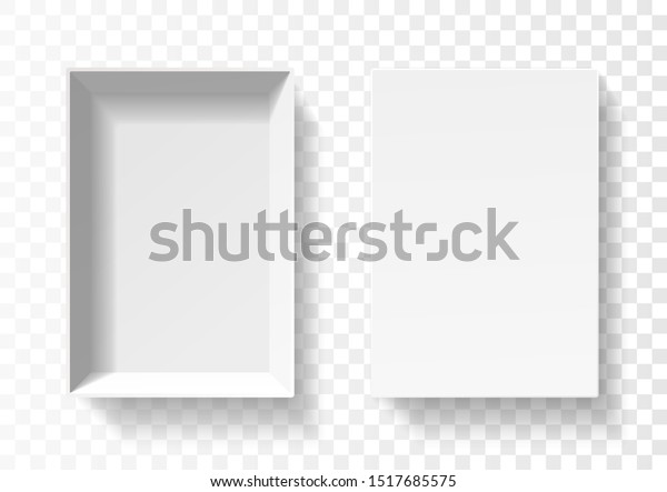 Open pack box for phone . Empty cardboard\
container template. 3d top view illustration with transporented\
shadow isolated on white. Blank space inside pakage mockup. Closeup\
realistic vector object.